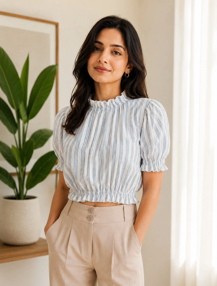 White Women Trending Western Top With Blue Stripes