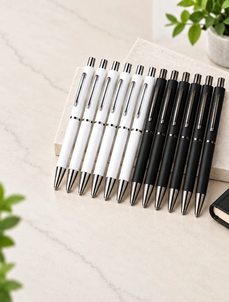 White and Black Premium Matte Metal Click Pen Pack of 12 — bulk from ₹282