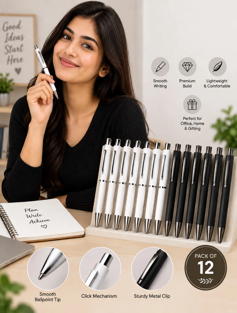 White and Black Premium Matte Metal Click Pen Pack of 12 — bulk from ₹282