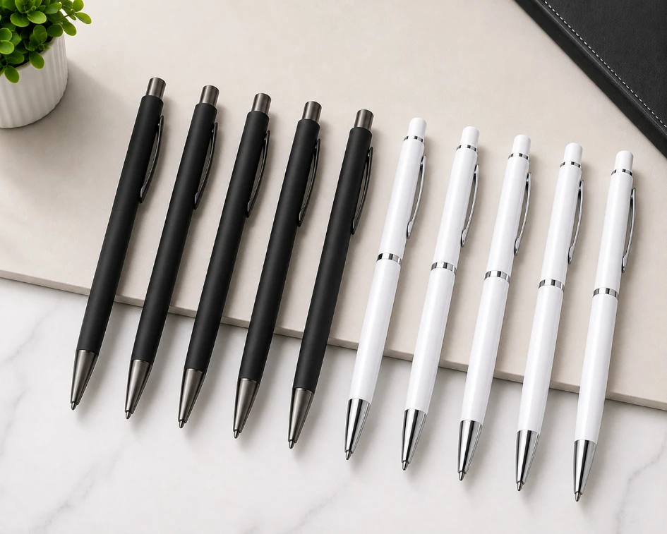 White and Black Premium Slim Metal and matte Ball Pen with Silver Clip Pack of 10
