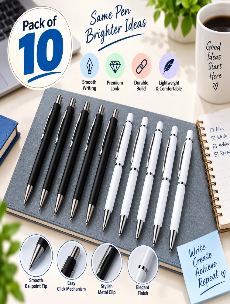 White and Black Premium Slim Metal and matte Ball Pen with Silver Clip Pack of 10 — bulk from ₹314