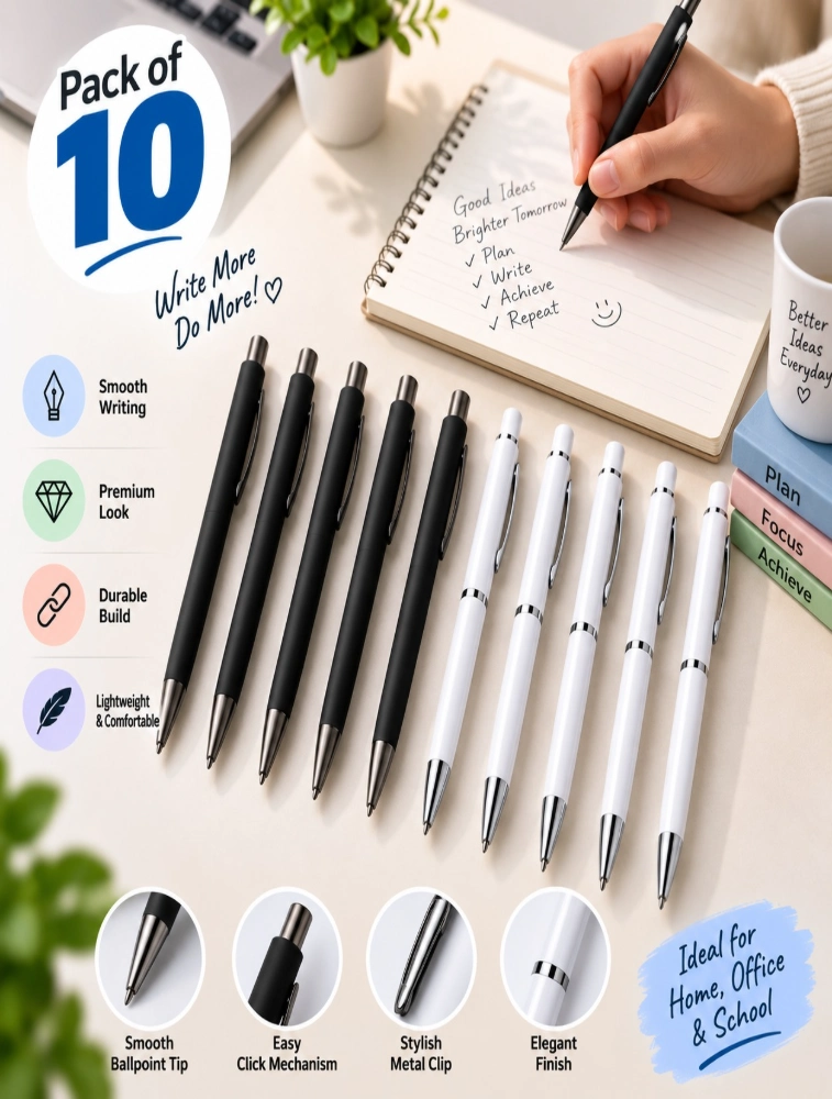 White and Black Premium Slim Metal and matte Ball Pen with Silver Clip Pack of 10 — bulk from ₹314
