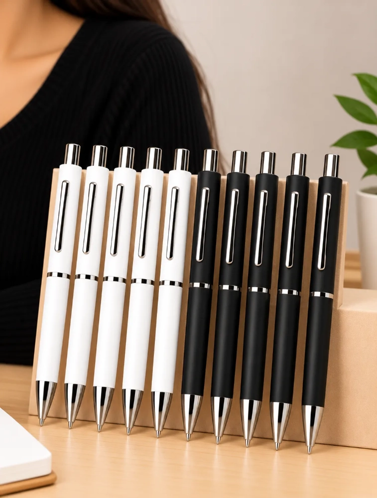 White and Black Premium Slim Metal and matte Ball Pen with Silver Clip Pack of 10