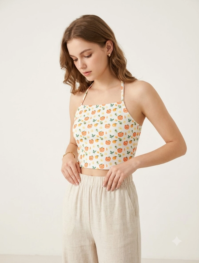 White and Orange Womens Floral Print Tie Strap Crop Top