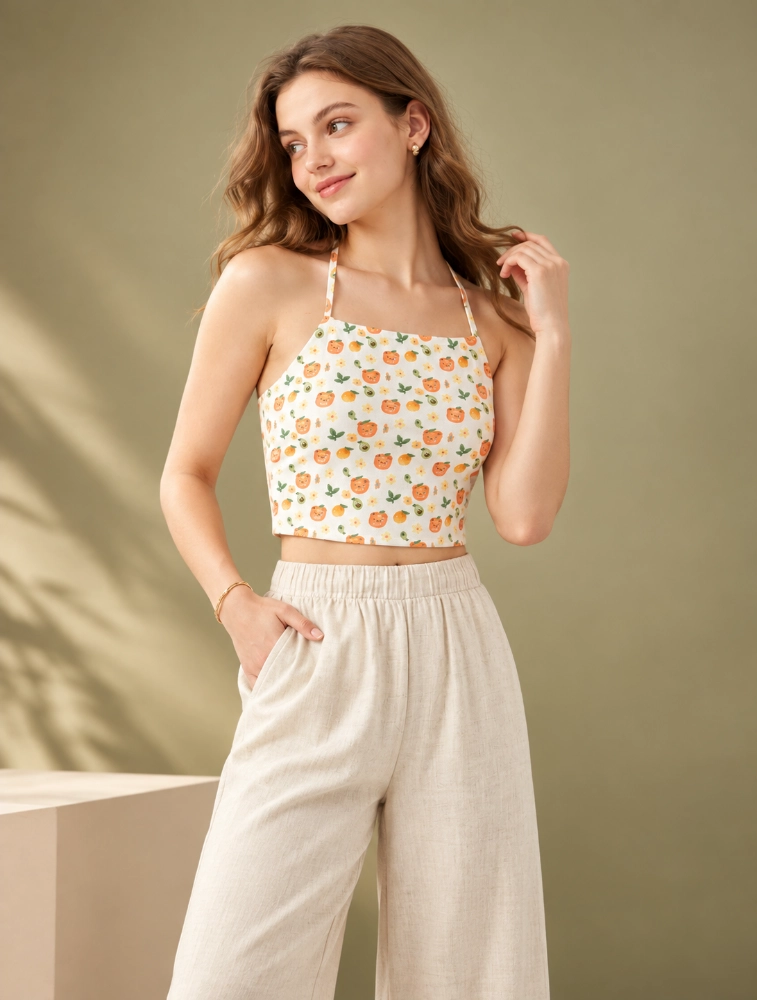 White and Orange Womens Floral Print Tie Strap Crop Top