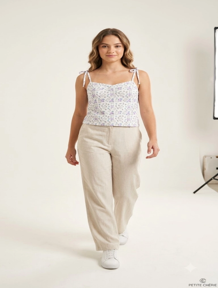 White and Purple Womens Floral Print Tie Strap Crop Top