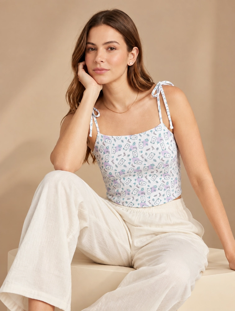 White and Purple Womens Floral Print Tie Strap Crop Top