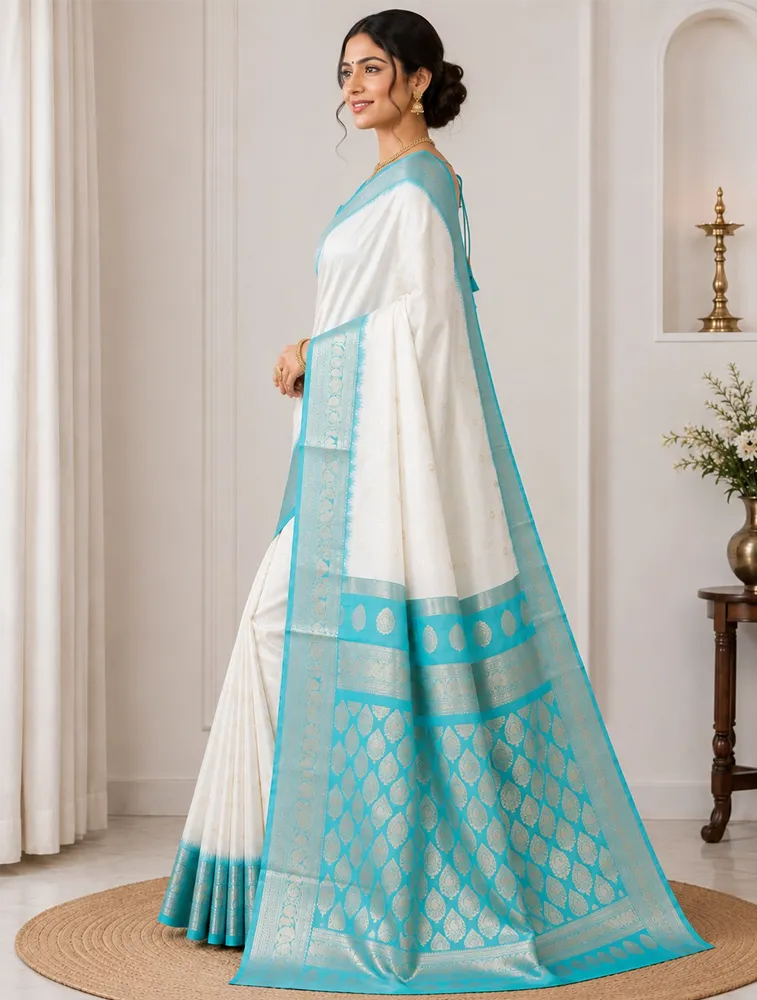 White and Sky Blue Womens Premium Semi Gadwal Saree