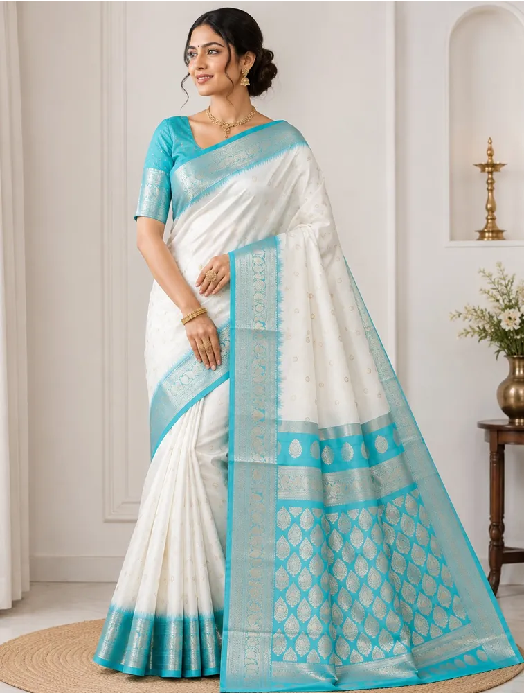White and Sky Blue Womens Premium Semi Gadwal Saree 