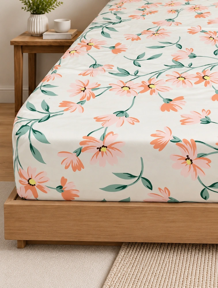 White with Peach Elasticated King Sized Bedsheet and Pillow Covers Set  