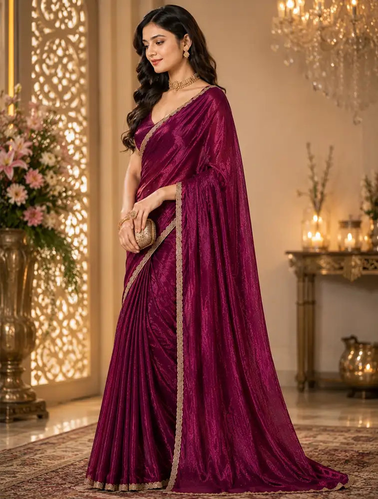 Wine Purple Womens Plain Designer Saree Collection