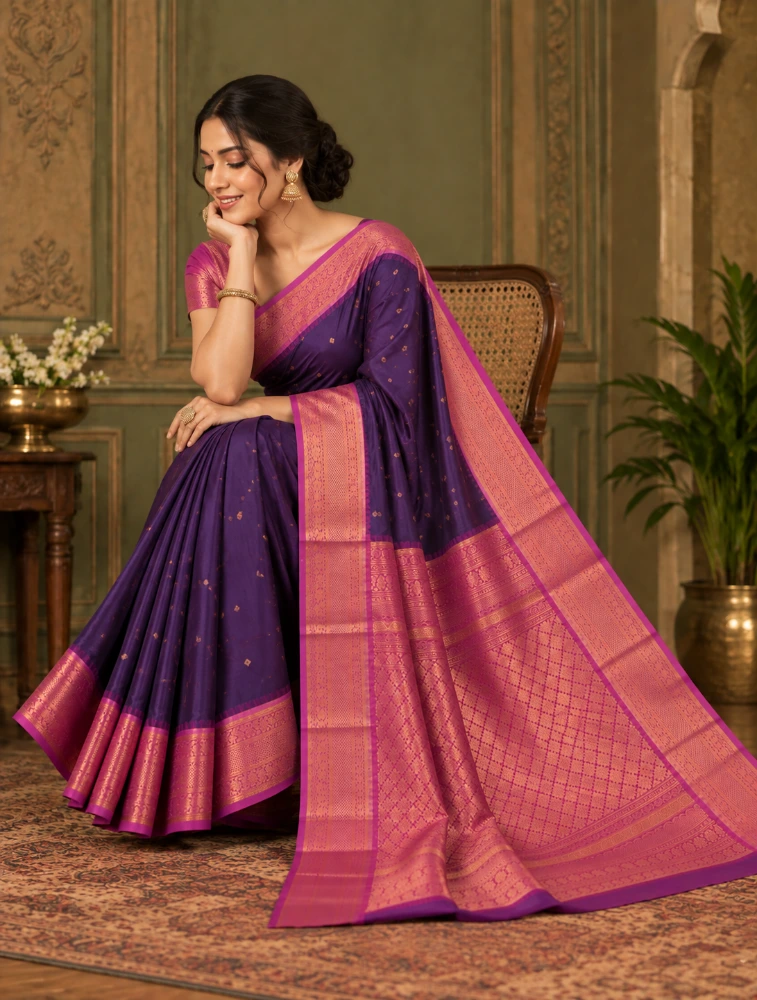 Wine Purple Womens Premium Semi Gadwal Saree