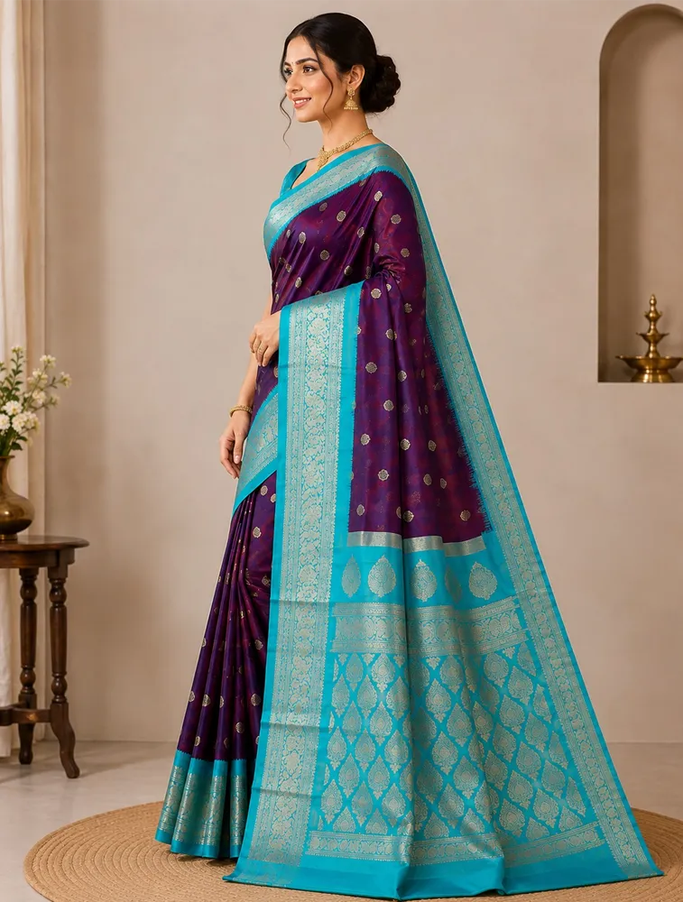 Wine Purple Womens Premium Semi Gadwal Saree