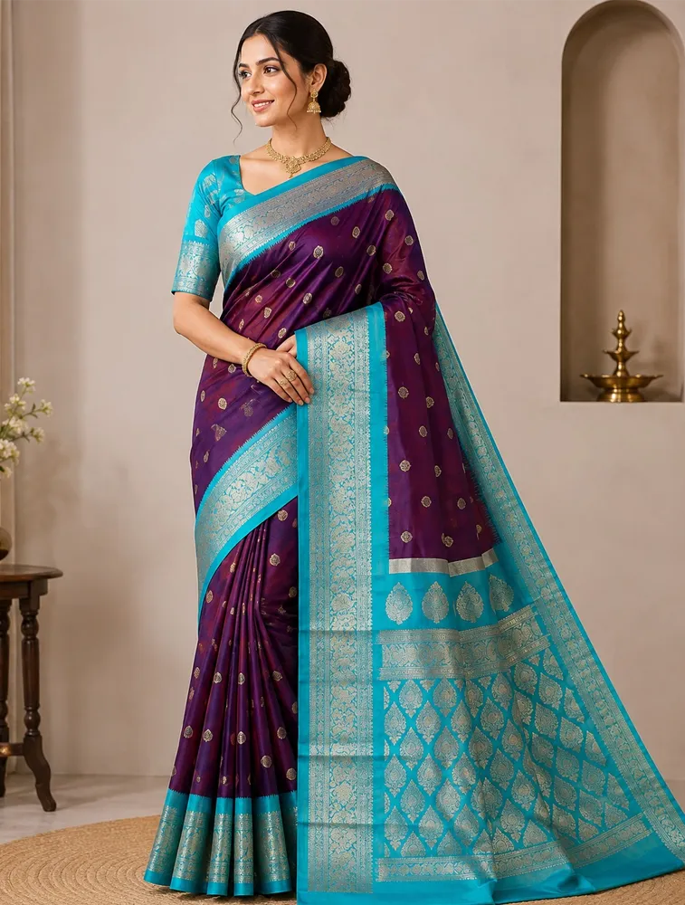Wine Purple Womens Premium Semi Gadwal Saree