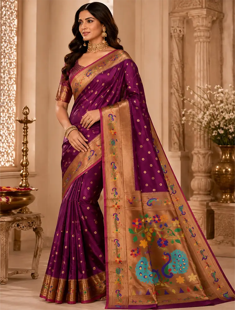 Wine Purple Womens Premium Semi Paitani Sarees With Flower Border