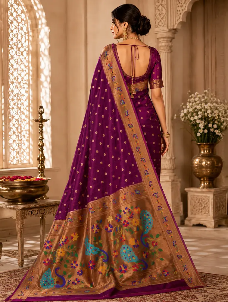 Wine Purple Womens Premium Semi Paitani Sarees With Flower Border