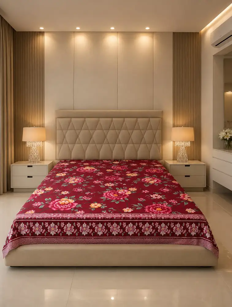 Wine Red Cotton Printed Double Bed King Size Bedsheet  