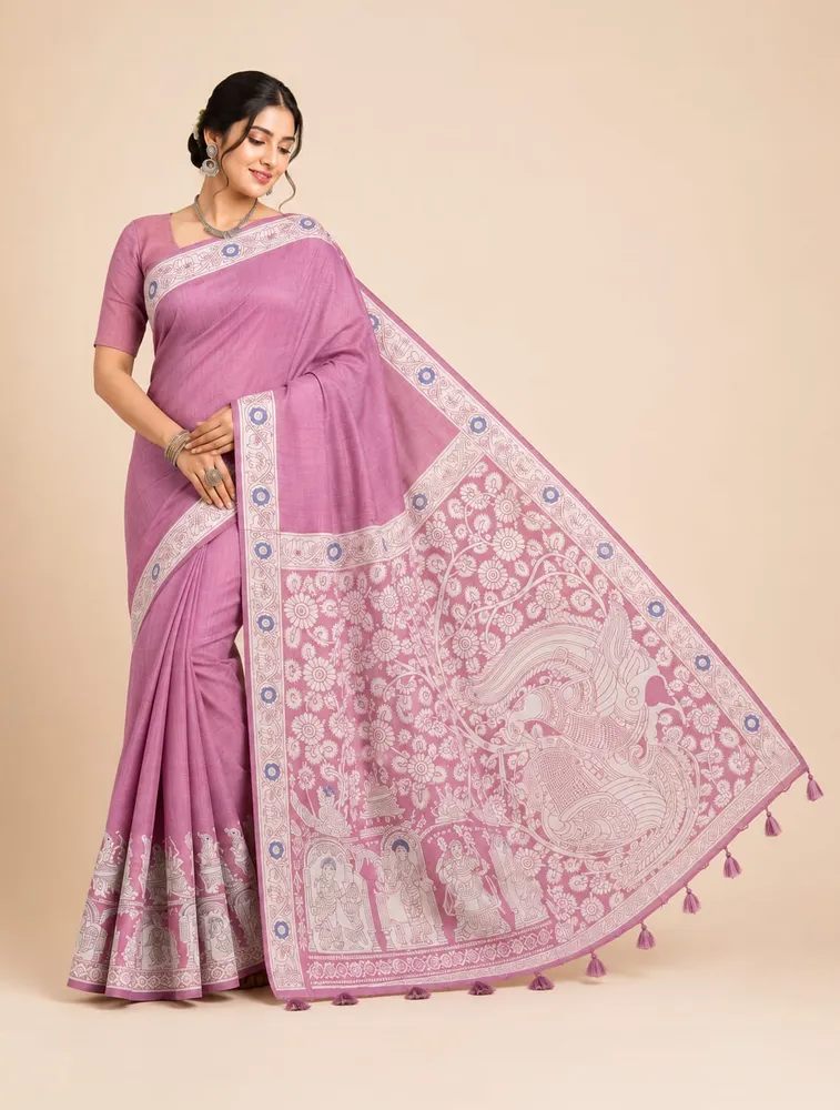 Wine Red Womens Printed Luxury kalamkari Saree