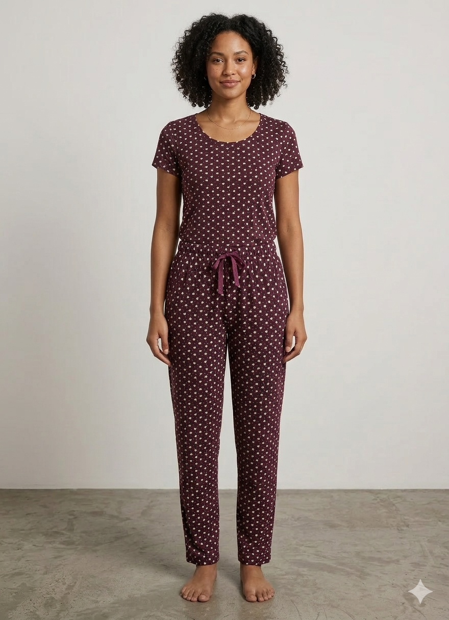 Wine Womens Floral Printed Polycotton 120 GSM Lounge Pant