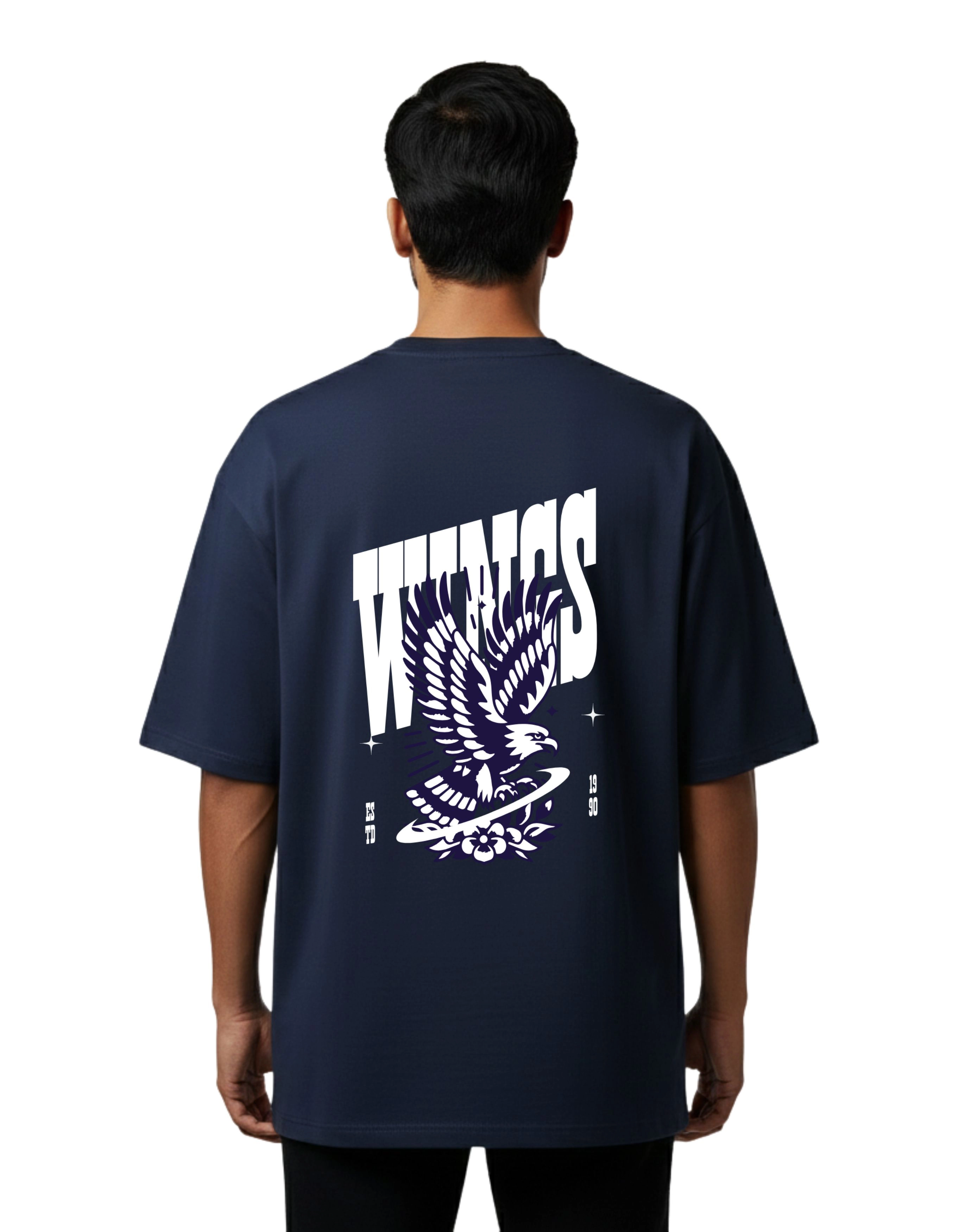 Wings Oversize Cotton French Terry T-Shirt 240 GSM Navy Blue