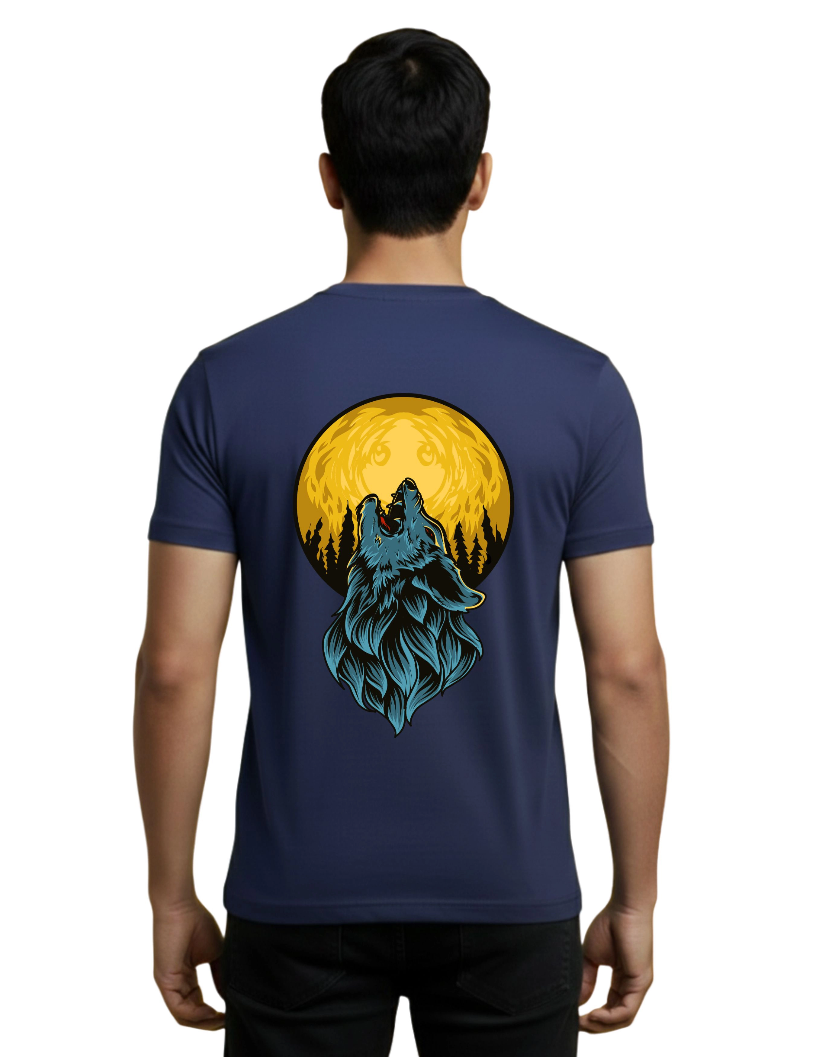 Wolf Moon Back Print Cotton T-Shirt 180 GSM Round Neck  Navy Blue