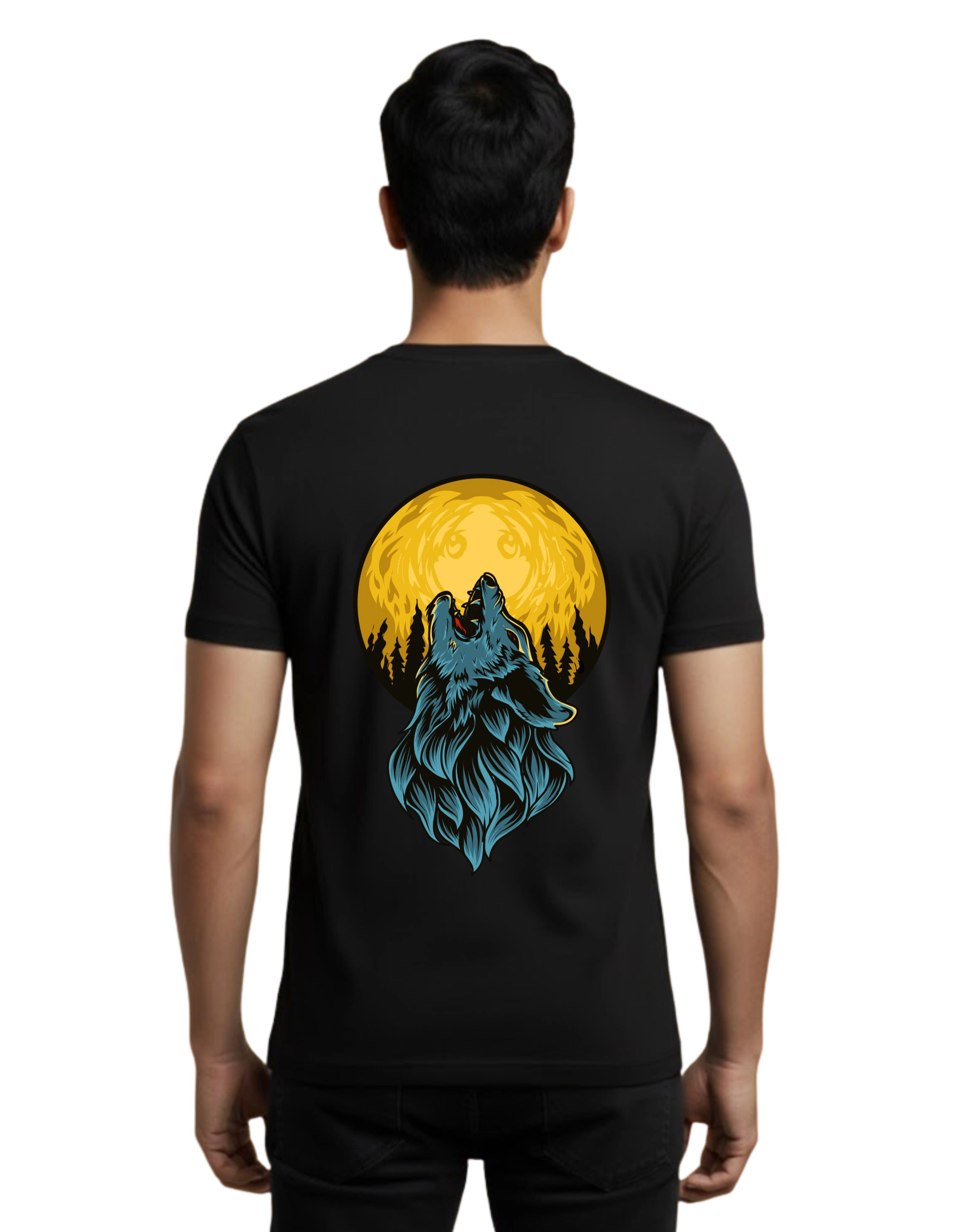 Wolf Moon Back Print Cotton T-Shirt 180 GSM Round Neck Black