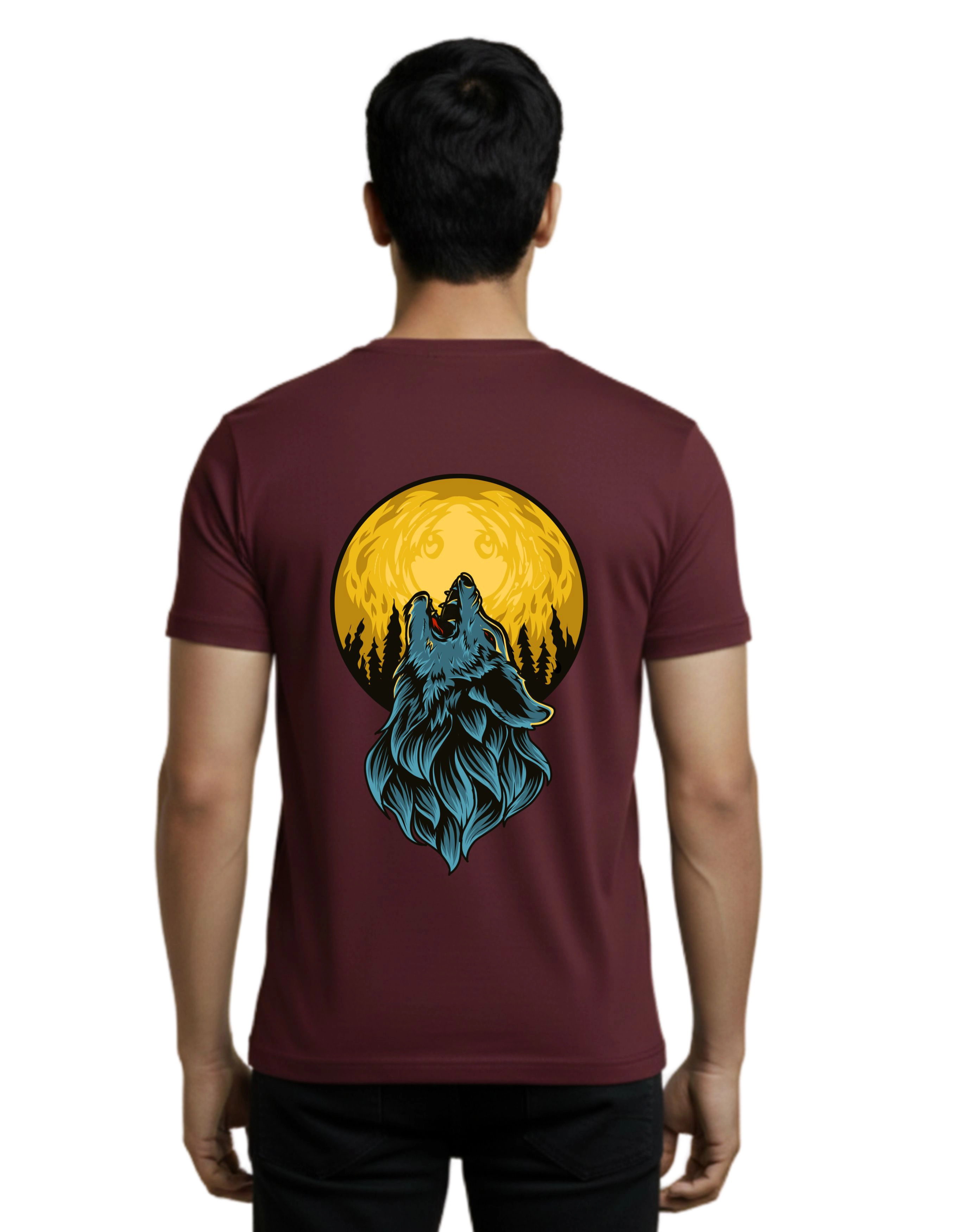Wolf Moon Back Print Cotton T-Shirt 180 GSM Round Neck Maroon