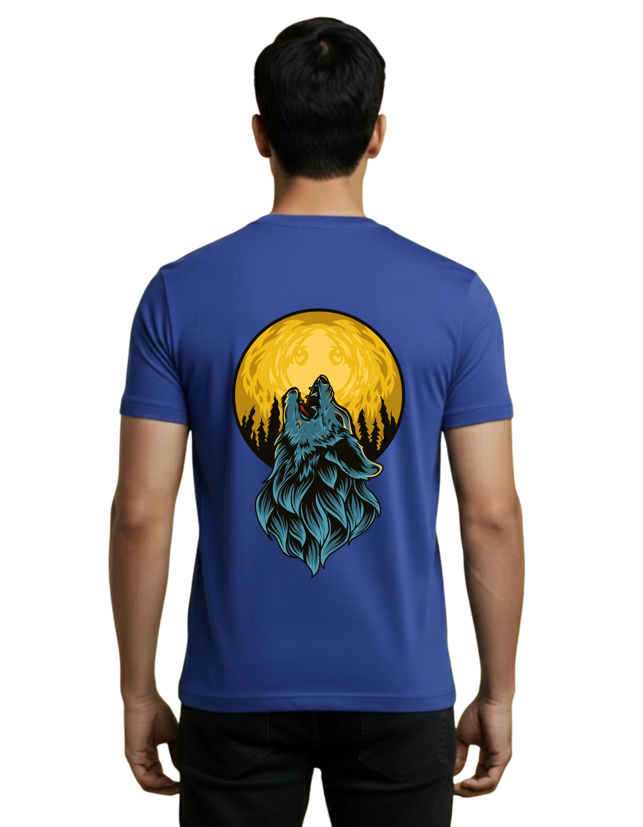 Wolf Moon Back Print Cotton T-Shirt 180 GSM Round Neck Royal Blue