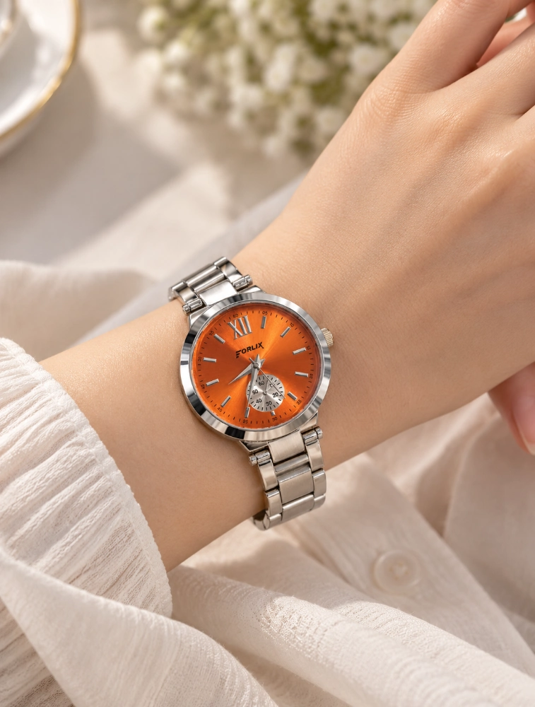 Womens Orange Dial Daisy Charm Classic Watch