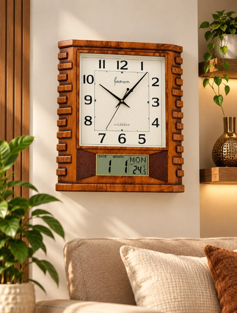 Wood Electro Calendar Siddharth Quartz Premium Wall Clock with Date And Temperature Display S GL09