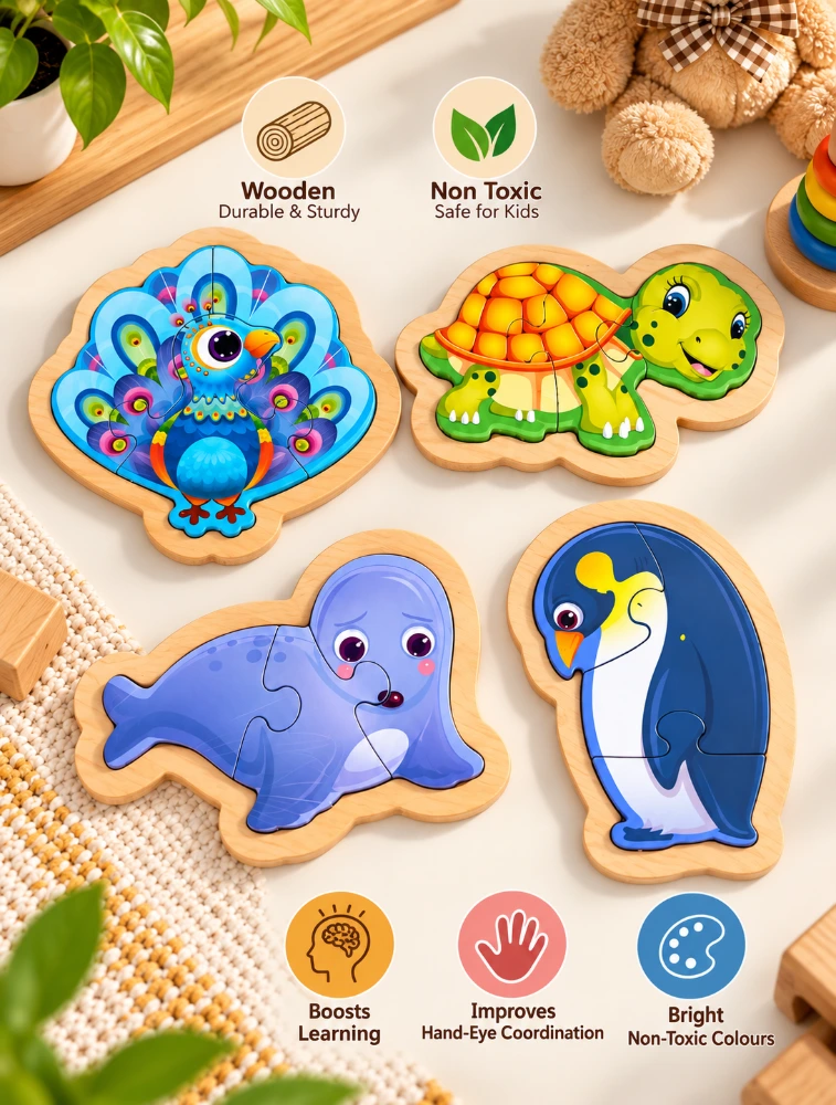 Wooden Bird And Ocean Animal Puzzle For Kids