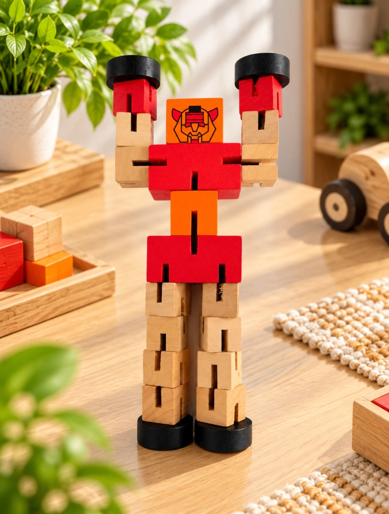 Wooden Transformer Robot Toy For Kids Red