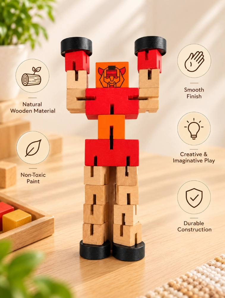 Wooden Transformer Robot Toy For Kids Red