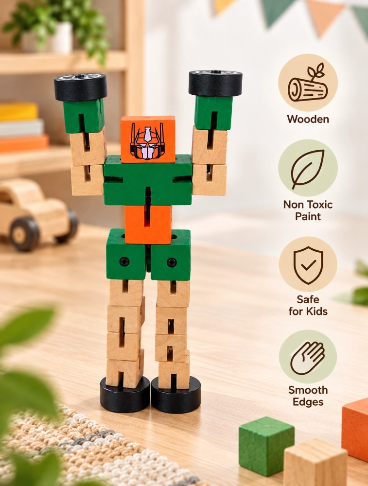 Wooden Transformer Robot Toy For Kids Green