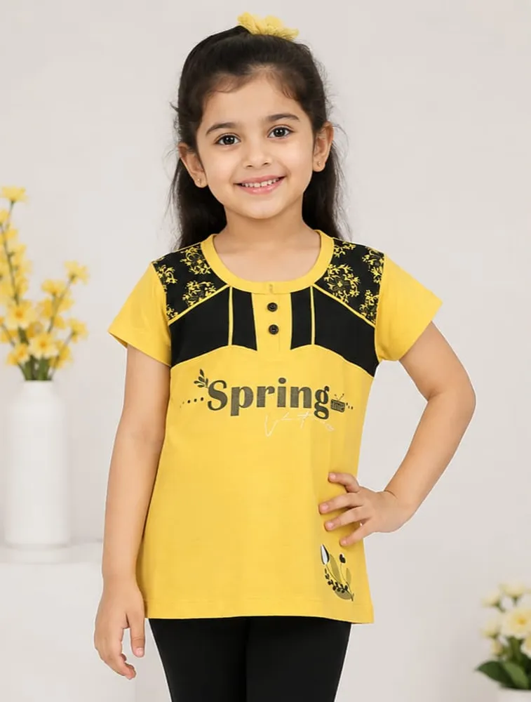 Yellow  Girls Graphic Printed Cotton Short  Sleeve T Shirt