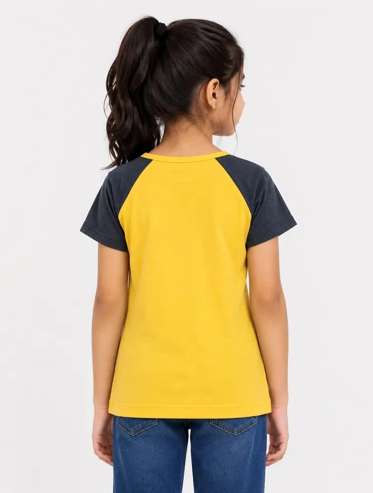 Yellow  Girls Graphic Printed Cotton Short  Sleeve T Shirt