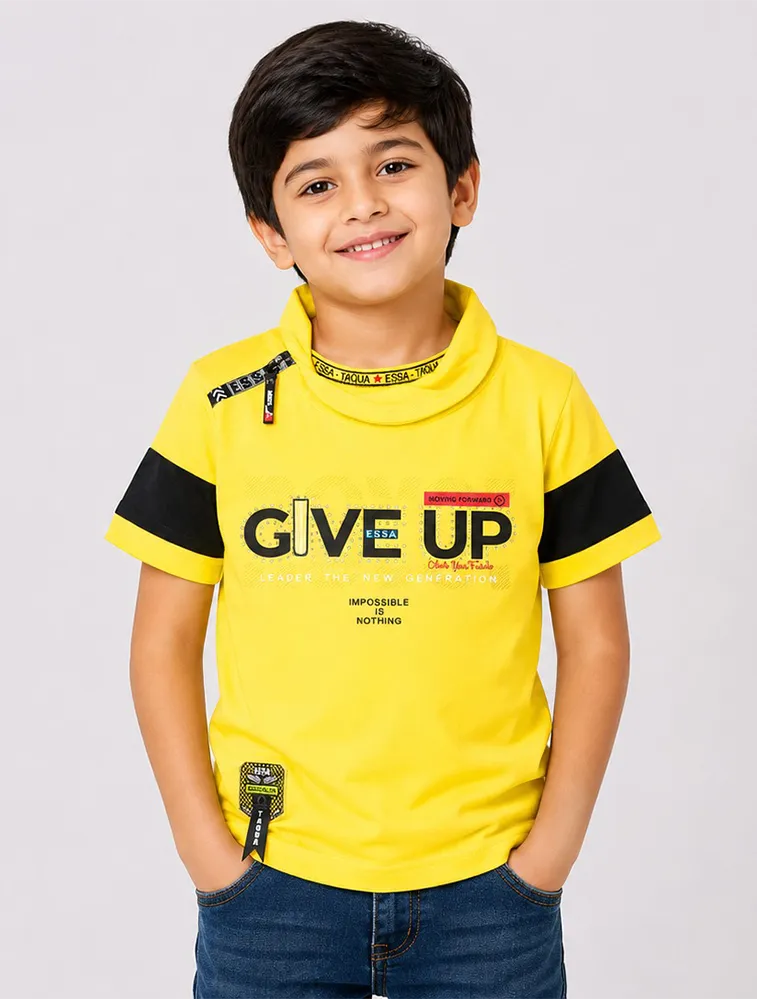 Yellow Boys HI Neck Taqua Kids Printed Casual TShirt