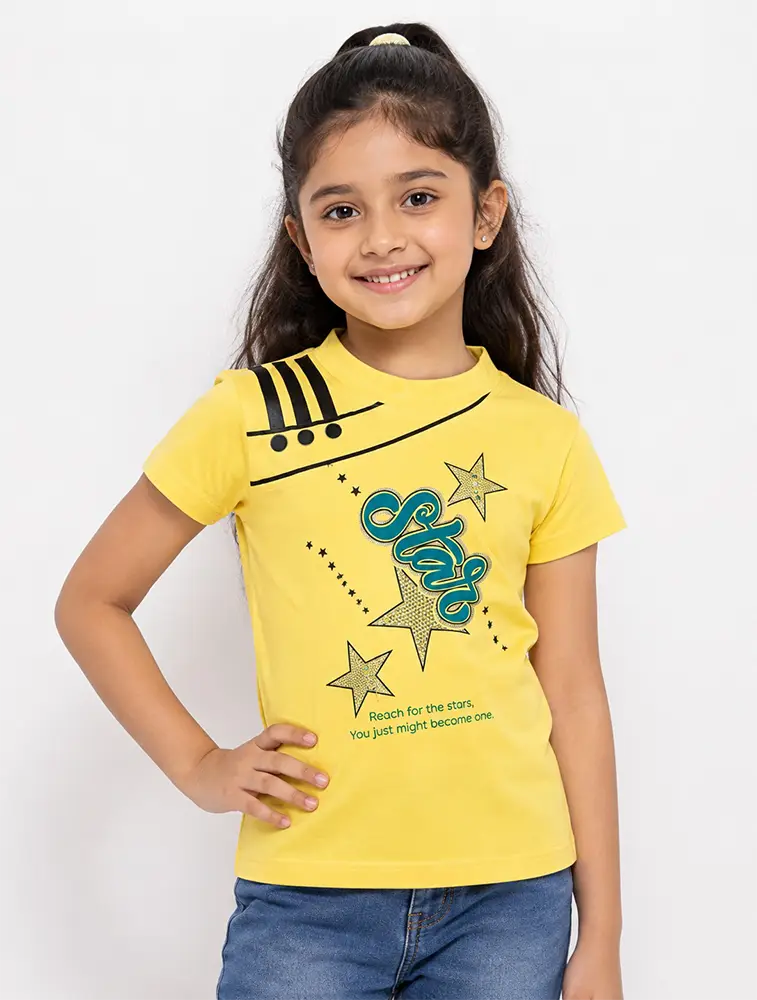 Yellow Girls Graphic Printed Cotton Half Sleeve T Shirt