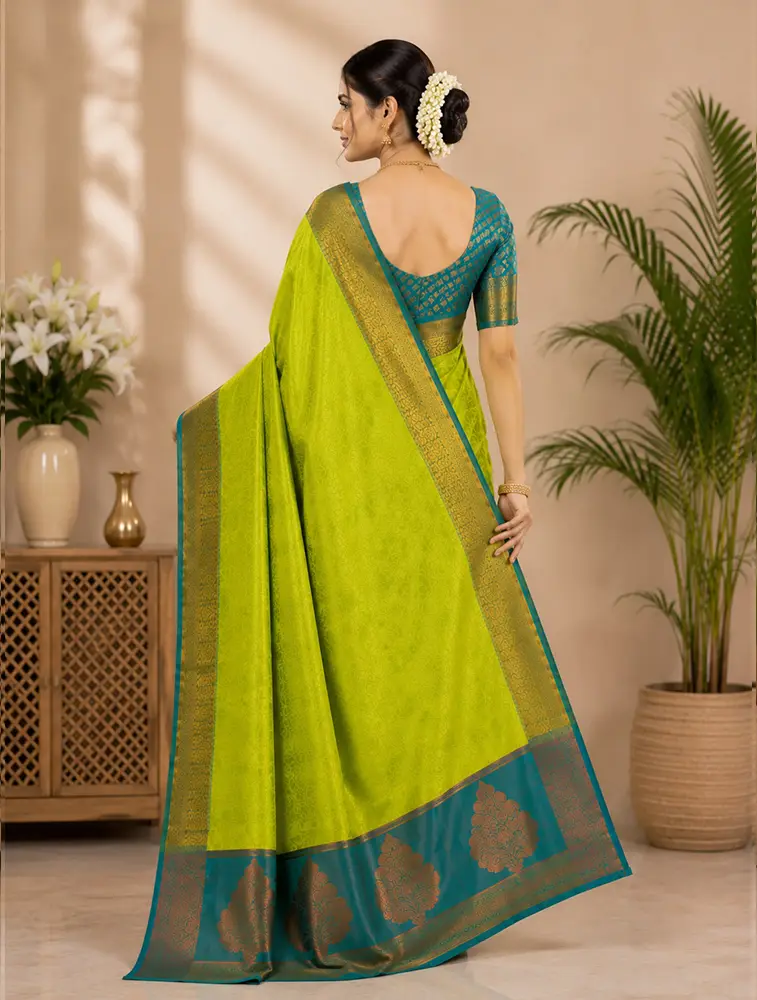 Yellow Green  Womens Textured Acrylic Dobby Saree