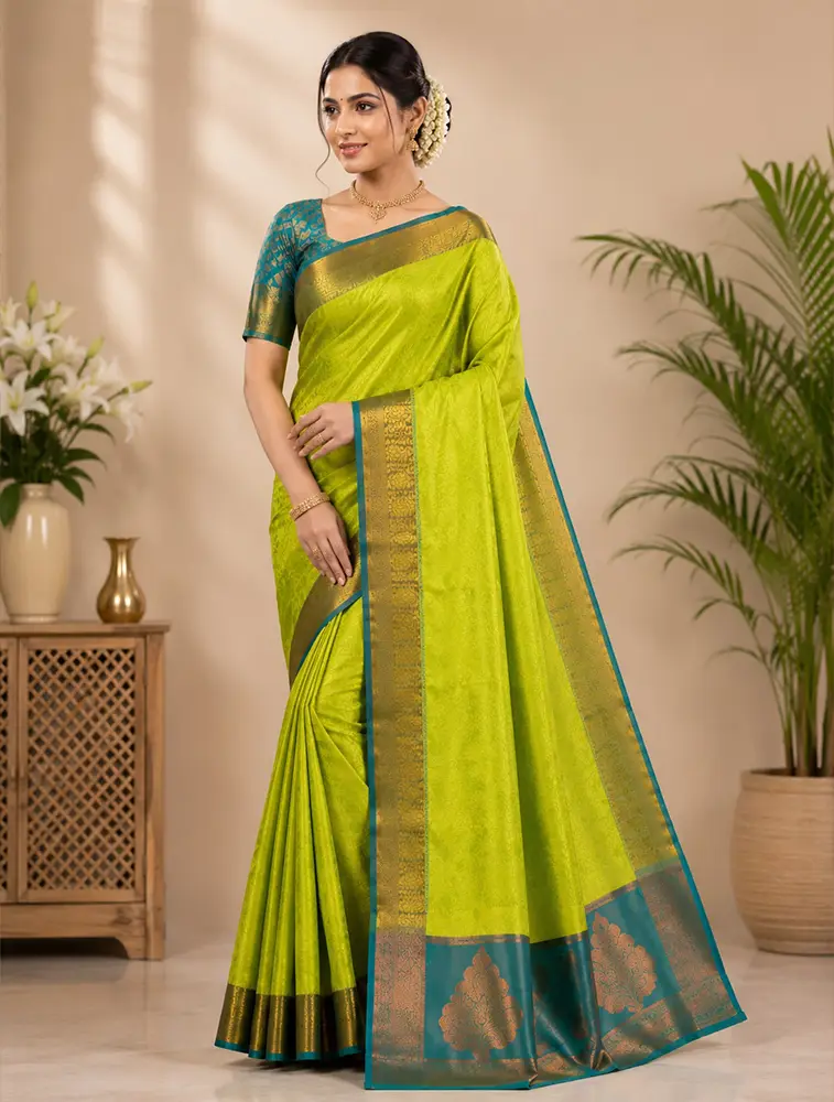 Yellow Green  Womens Textured Acrylic Dobby Saree 