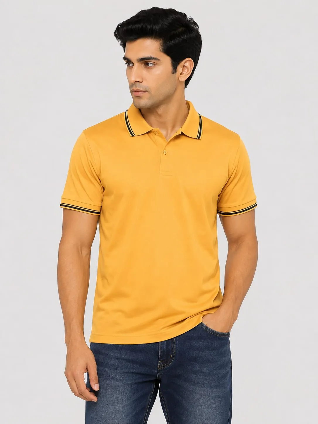 Yellow Mens Premium Primo Knit 200 GSM Polo TShirt With Black Collor And Sleeve Tipping