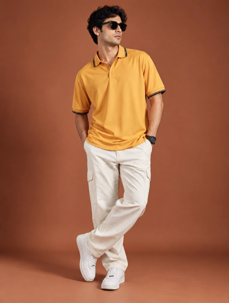 Yellow Mens Premium Primo Knit 200 GSM Polo TShirt With Black Collor And Sleeve Tipping