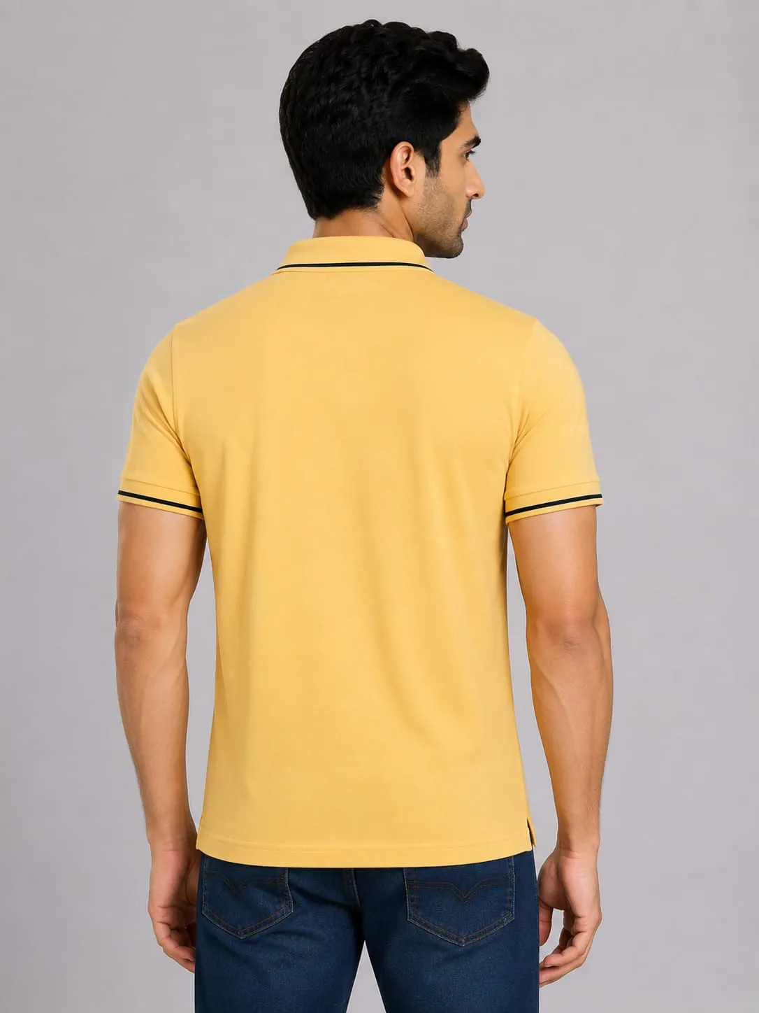 Yellow Mens Premiun Cotton 270 GSN Half Sleeve Polo T Shirt With Black Collar And Sleeve Tipping