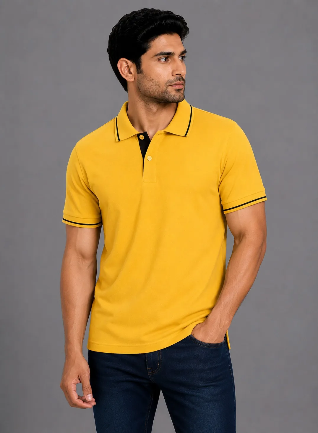 Yellow Mens Premiun Cotton 270 GSN Half Sleeve Polo T Shirt With Black Collar And Sleeve Tipping