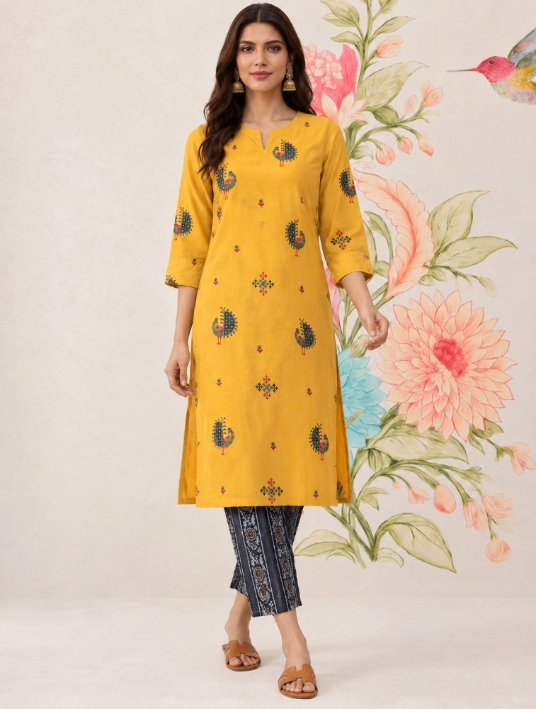 Yellow Women Floral Printed Regular Kurta with Pant