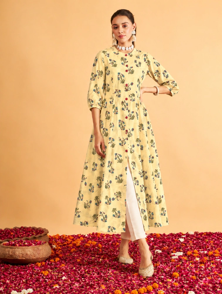 Yellow Womens Floral Printed Cotton Blend Kurta