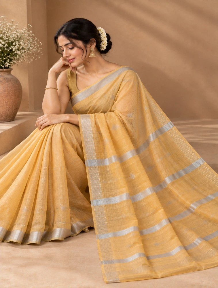 Yellow Womens Premium Bamboo Cotton Saree