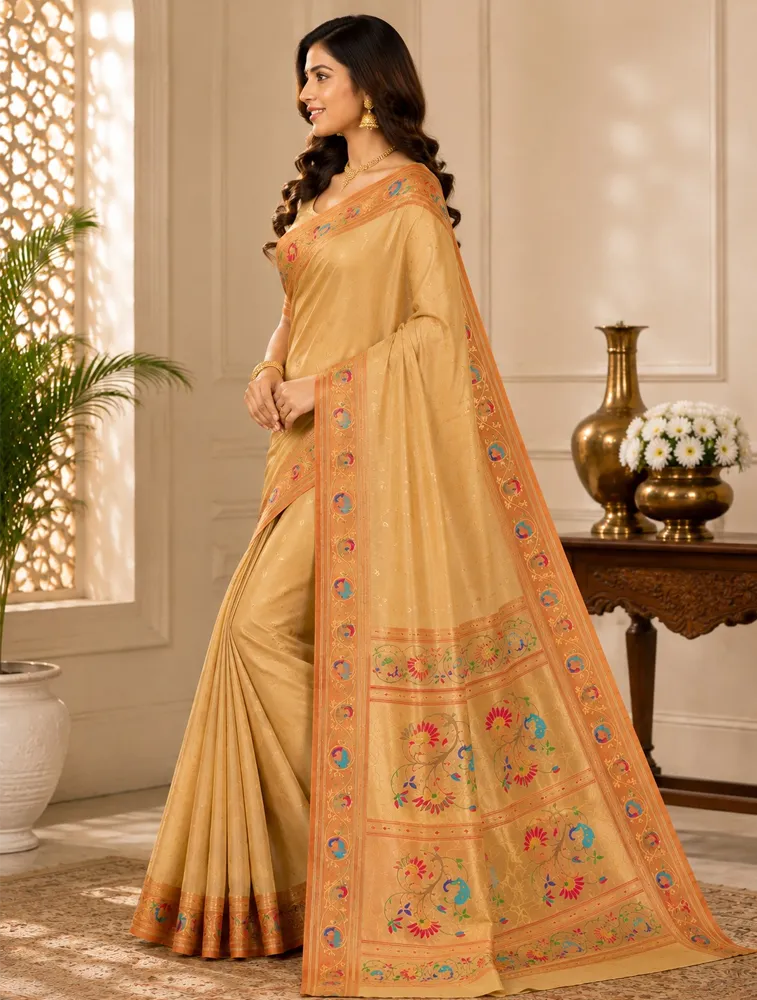 Yellow Womens Premium Semi Paitani Sarees With Flower Border