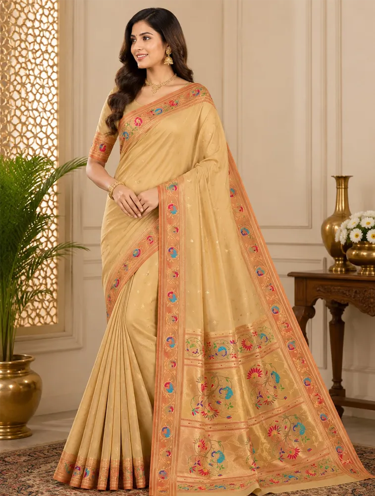 Yellow Womens Premium Semi Paitani Sarees With Flower Border
