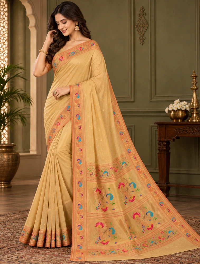 Yellow Womens Premium Semi Paitani Sarees With Flower Border